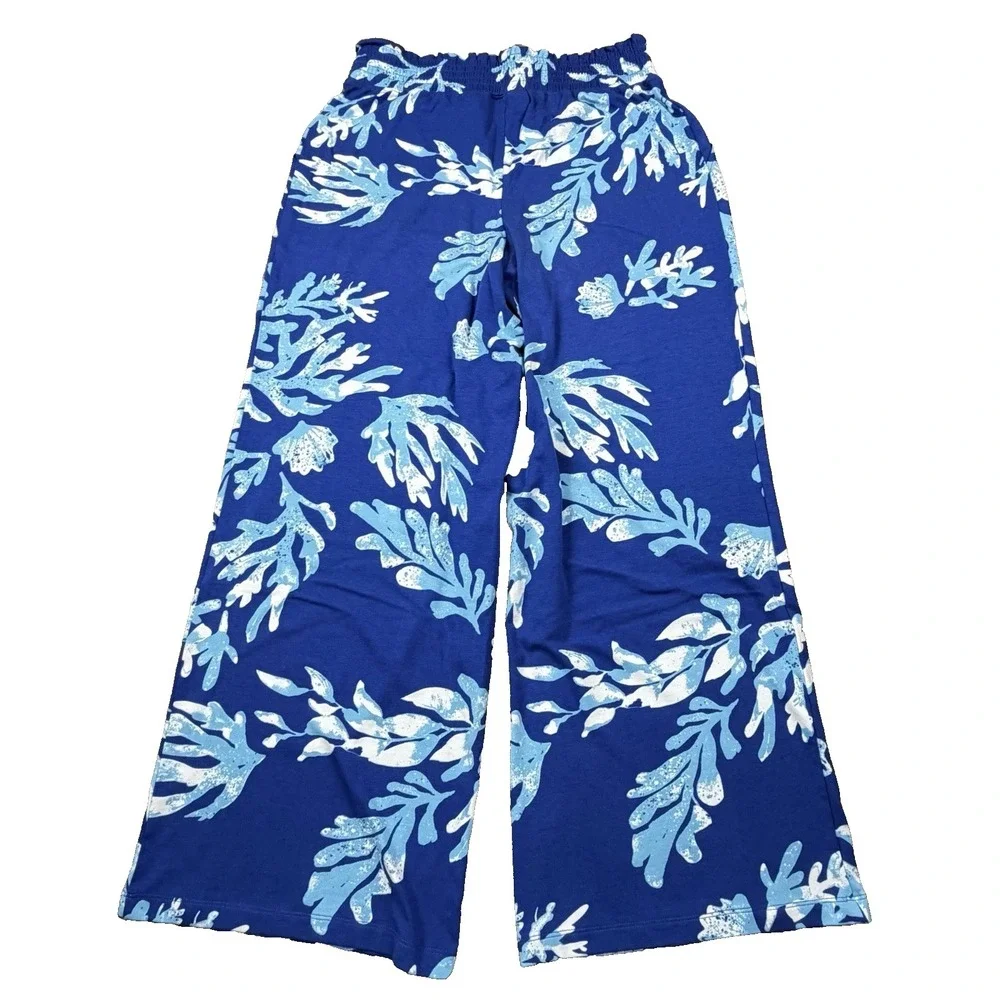 D&Co. BEACH Pants Women S Blue Tropical Floral Boho Beachy Coastal Summer Lounge